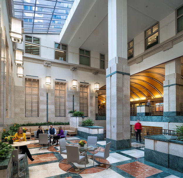 Welcome your clients and visitors to a polished-stone lobby that reflects the beauty of this iconic DC office building.