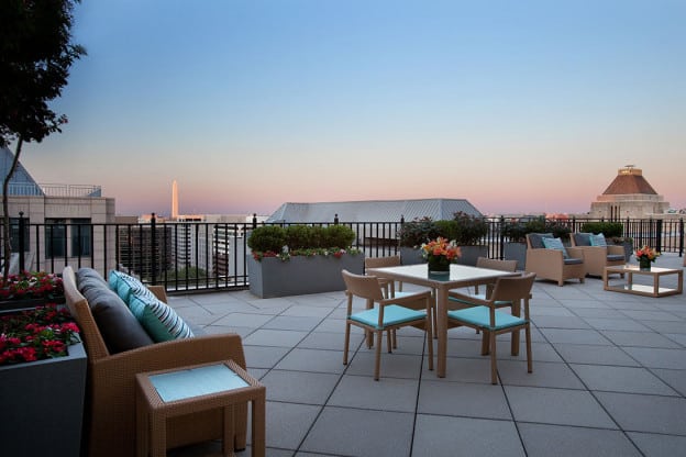 A view of Washington, DC and historical monuments from Franklin Court's rooftop terrace.